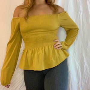 Yellow Off Shoulder Smocked Blouse